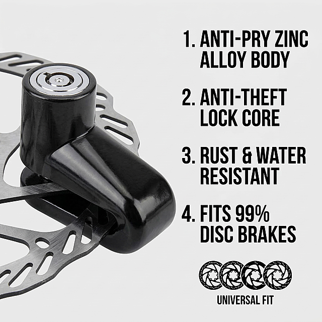 selling point detail image for disc brake lock, clean layout, left side shows alloy lock body close-up, right side English text list: "1. ANTI-PRY ZINC ALLOY BODY 2. ANTI-THEFT LOCK CORE 3. RUST & WATER RESISTANT 4. FITS 99% DISC BRAKES", same font as main image, light gray background, US style, clear typography, no Chinese text