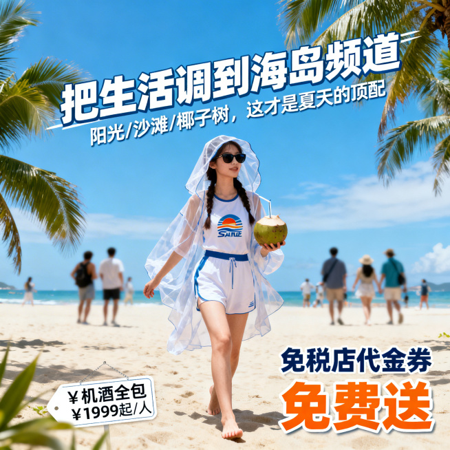 旅游电商海报，夏天三亚旅游主题，主体是一位年轻女性头戴帷帽，身着带有三亚标志的服装，戴着太阳镜，赤脚走在沙滩上，手拿椰子水。背景是虚化的游客背影，游客在进行三亚文旅活动，人物周围是椰子树，天空是蓝蓝的预览效果
