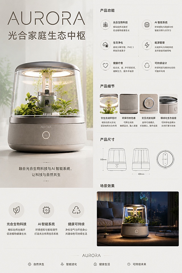 生成一张A4竖版的AURORA家庭生态中枢产品展板海报，整体是现代简约科技风格，配色为低饱和浅色系，版式精美分区清晰。画面包含：上方大标题"AURORA"，副标题"光合家庭生态中枢"；左侧主效果图区域放置产品图，产品100%还原上传参考图的外形、结构、颜色和品牌logo；主效果图下方区域放置设计说明文案"融合光合生物科技与AI智能系统，让科技与自然共生"；右侧分区依次放入产品功能图、产品细节图、产品三视尺寸图、客厅场景效果图四个模块，每个模块搭配简洁的小标题；卖点文字分别为："光合生物科技"、"AI智能系统"、"健康可持续"。整体是高级科技感，干净清爽，信息层级分明，文字清晰可读，所有元素排列整齐，宽高比为2:3。