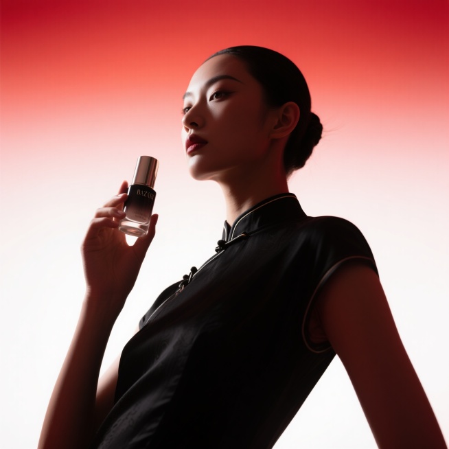 东方美学摄影大片，一位自信高冷的中国女性，手拿着一瓶高端护肤品，目视前方。身穿新中式黑色服饰，站在红色渐变背景前。仰拍的摄影视角，体现东方文化韵味与时尚感，时尚芭莎摄影风格，采用逆光剪影效果预览效果