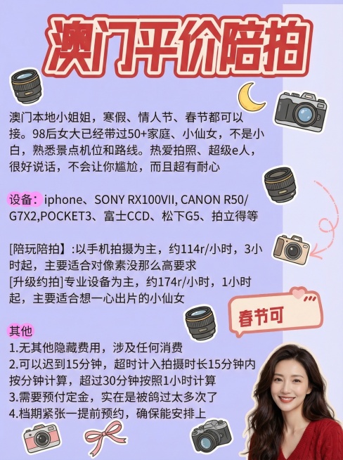 更换背景为浅紫色，更换女生长相为御姐大波浪女生，添加6个卡通镜头、月亮、丝带贴纸预览效果
