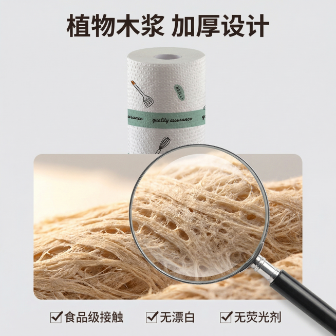 [主图 3] 材质安全细节展示主图
[主图主题] 食品级安全材质 植物木浆更放心
[氛围/风格] 简约特写风，柔和侧逆光，突出纹理质感
[画面元素] 放大镜放大展示抹布的加厚木浆纤维纹理，展示出密集透预览效果