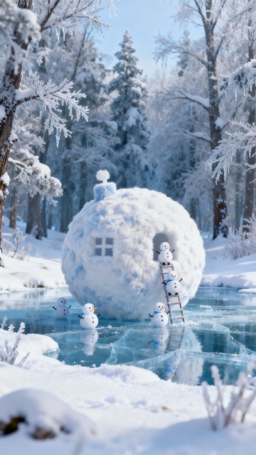 插画设计，毛绒质感，森林结了冰霜，地面覆盖厚厚的积雪，中间湖冰面上，几个小小的雪人正在爬上爬下将一个巨大的雪球雕成房子的形状，冰蓝色调为主，清新自然，高清细节，所有元素均为毛茸茸的绒毛材质，营造不可思预览效果