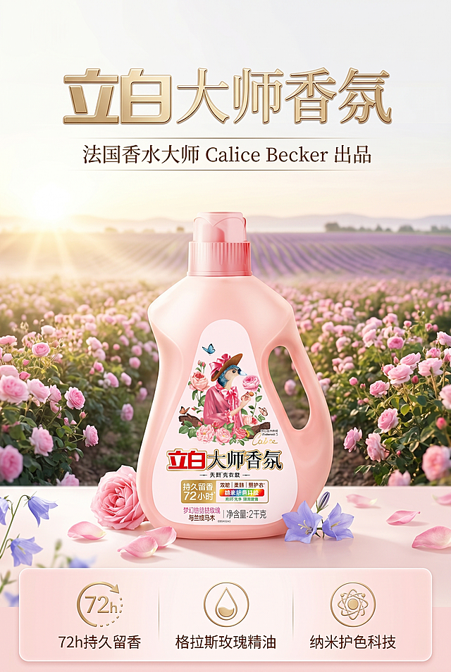 电商详情页首图KV，2:3竖版，杂志封面级排版。去掉补充装，仅保留一瓶1kg立白大师香氛瓶装洗衣液，将瓶装放置在画面中心偏下居中靠前位置，占据画幅40%，严格还原产品瓶身设计与原有标签文字。背景为南法格拉斯玫瑰庄园：晨雾中连绵的玫瑰田，远处薰衣草花田，金色阳光从左侧45°洒入。前景散落新鲜格拉斯玫瑰花瓣和蓝色风铃花。画面顶部大号主标题“立白大师香氛”为烫金立体浮雕手写花体，副标题“法国香水大师Calice Becker出品”为优雅衬线体。左下角标注核心卖点图标：72h持久留香、格拉斯玫瑰精油、纳米护色科技。整体色调白、淡粉、香槟金，柔光浪漫高级氛围。上下分割排版：上部留白30%放标题，中部放产品，下部渐变淡粉色区域放卖点icon。光影柔和，背景景深虚化。