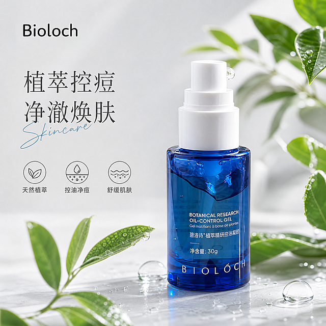 [单张主图] 碧洛诗控痘凝胶 高级氛围感主图 突出天然植萃控痘净痘的品牌调性。
[画面主体] 仅保留碧洛诗蓝色控痘凝胶产品，居中竖直站立，瓶身蓝色透明材质保持不变，品牌Logo、文字信息、产品外观颜色结构与输入产品图绝对一致，杜绝任何变形和色差，精细化处理。移除焕妍祛痘霜和洁面乳，商品主体占画面约45%，完整居中展示不裁切。
[构图版式] 原生成分型，产品放置在画面中下部偏右，背景融入清新绿色植物叶片天然植萃元素，展示成分来源，产品仍为视觉主体，叶片不遮挡瓶身标签。左上角自然留白放置品牌Logo。
[场景元素] 浅灰渐变背景，点缀新鲜绿色绿叶、透明水滴，体现植萃天然纯净的产品特点，背景干净简洁不抢主体。
[文案版式] 左上安全区放置品牌"Bioloch"，保持原字体和配色；左中位置主标题写"植萃控痘 净澈焕肤"，细衬线字体，字号适中；下方三个线稿图标卖点，分别对应"天然植萃" "控油净痘 "舒缓肌肤"，图标下方配小字说明。
[光影质感] 自然柔和侧窗光，主光清晰勾勒瓶身轮廓，透明瓶身体现通透蓝光，辅光从背景补光消除死黑，浅景深虚化背景叶片，整体通透干净，商业摄影高级质感，产品清晰真实。
[配色字体] 主色调浅灰低饱和，辅助色提取瓶身蓝色和植物绿色，强调色为深灰文字，字体选用细衬线体，字重克制，靠留白分层级，主标题旁叠加一个英文手写体"Skincare"做装饰。
[比例分辨率] 1:1 比例，2K 分辨率，文字清晰可辨，超高清。
[负向提示词] 变形，水印，错字，糊字，伪Logo，主体遮挡，背景杂乱，低清晰度，错误结构