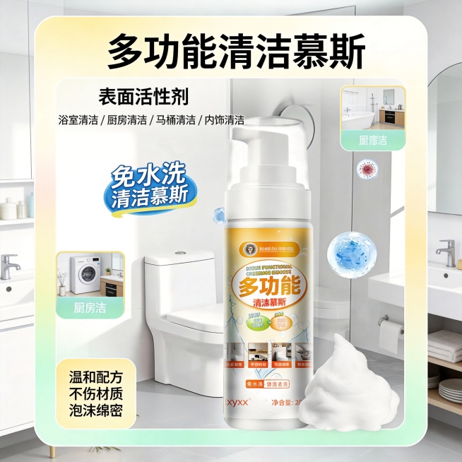 设计类型：产品展示型详情页主视觉设计，以单瓶产品为核心，突出功能与场景。
设计风格：现代简约、清新洁净，兼顾专业感与亲和力，符合家居清洁类产品的视觉调性。
主体：多功能清洁慕斯喷雾瓶，瓶身采用透明 +预览效果