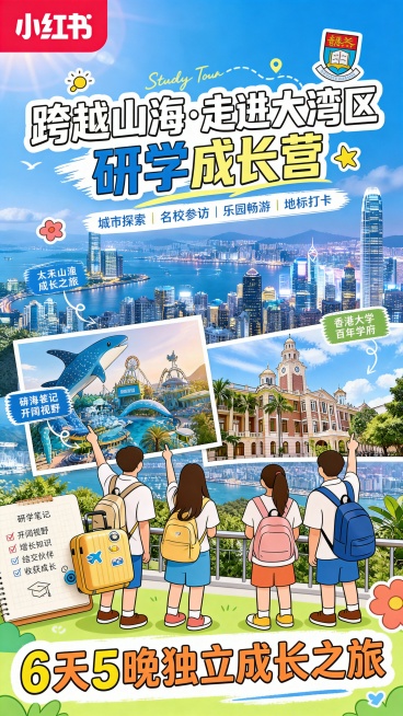 小红书竖版封面，主题为跨越山海走进大湾区研学成长营，主标题"跨越山海·走进大湾区 研学成长营"，副标题"城市探索 | 名校参访 | 乐园畅游 | 地标打卡"，底部突出显示"6天5晚独立成长之旅"。背景预览效果