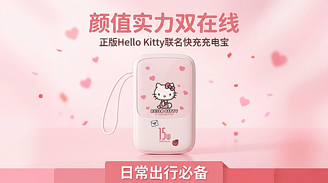 [垫图] https://gdesign-dam-hz.dancf.com/35972705036652564/1b28492b8aeb42ad91a576d8f0cfe97d.png
[主图主题] Hello Kitty高颜值充电宝促销主图
[氛围/风格] 甜美大促风格，明亮活泼，高级柔光氛围感
[画面元素] 充电宝主体居中放置，背景为柔和渐变粉色，点缀散落的小爱心装饰，整体饱满干净，背景铺满全屏，光影通透
[配色色系] 主色调：温柔粉，辅助色：白色和浅红色，活泼甜美
[视角构图] 居中平视构图，主体突出
[文字版式] 顶部主标题 "颜值实力双在线"，圆润粉色粗体，中间副标题 "正版Hello Kitty联名快充充电宝"，底部高低错落通栏色块，凸起色块写 "日常出行必备"，白色粗体，整体排版高级醒目，信息层级清晰不遮挡产品
分辨率 2k