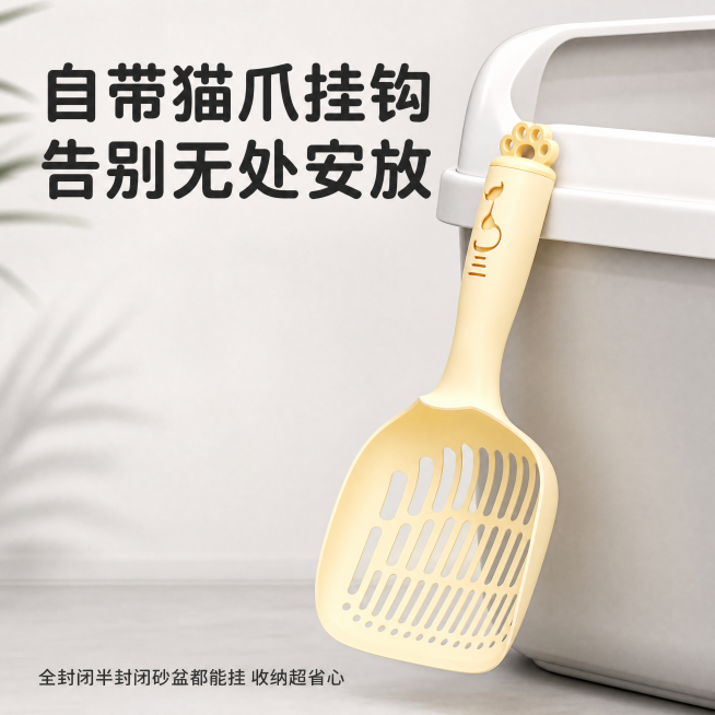[主图-5] 自带猫爪挂钩收纳功能展示猫砂铲。
[氛围风格] 收纳场景展示，整洁实用风。
[画质] 商业摄影质感、光线柔和通透、产品清晰真实、画面干净高级。
[元素] 展示猫砂铲通过自带猫爪挂钩挂在猫预览效果