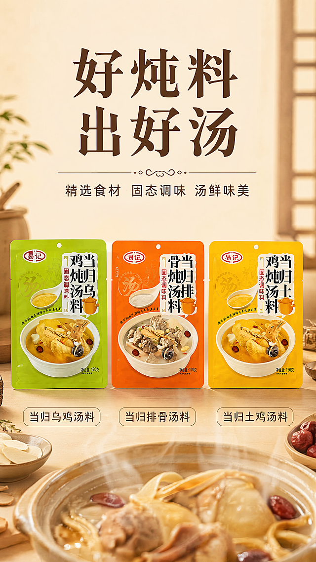 [第1屏] 详情页头图-易记炖料系列三种口味产品宣传海报
本屏使用【图1】作为商品全家福主体
[氛围/风格] 温馨家常烟火风格，浅米暖黄背景，暖调商业美食摄影质感，画面通透自然
[元素布局] 三款炖料包装袋横向并排放置在画面中下区域，占据画面主体约70%位置。保持包装颜色、文字、结构与输入图片完全一致：左1绿色包装当归乌鸡汤料，中间橙色包装当归排骨汤料，右1黄色包装当归土鸡汤料。背景为浅米暖黄色，上方保留充足标题留白，下方加入模糊的砂锅蒸汽效果提升食欲，整体干净简约。
[光影质感] 上方柔和主光均匀照亮三款包装袋，包装表面形成自然柔光，下方带淡淡暖调投影，整体光影温暖通透，产品边缘清晰真实。
[配色色系] 全局底色：#F9F1E3（浅米暖黄）；主体配色保持原有绿/橙/黄包装色；文字颜色为深棕色 #3C2A18
[视角构图] 正面平视视角，三款产品横向居中排列，上方区域完整留给主副标题，底部留白透气，符合移动端竖屏阅读动线
[文字版式] 上方版式为居中主标题+副标题。主标题「好炖料 出好汤」两行深棕色字，居中对齐，字号约为画面宽度8%，不超过顶部区域高度25%；副标题「精选食材 固态调味 汤鲜味美」，深棕色，字号约主标题40%，主标题下方居中排列，保留字距。底部标注三款口味名称，使用圆角浅棕色底框突出文字，文字不遮挡产品主体。字形采用温润书法感标题+同家族宋体正文，字效为纯色填充，全图仅深棕色一种字色。
[比例分辨率] 9:16竖版比例，4K分辨率，文字清晰可辨，超高清
[负向提示词] 包装变形，文字错乱，颜色偏差，产品模糊，背景杂乱，水印，极端夸张渲染，虚假功效宣传