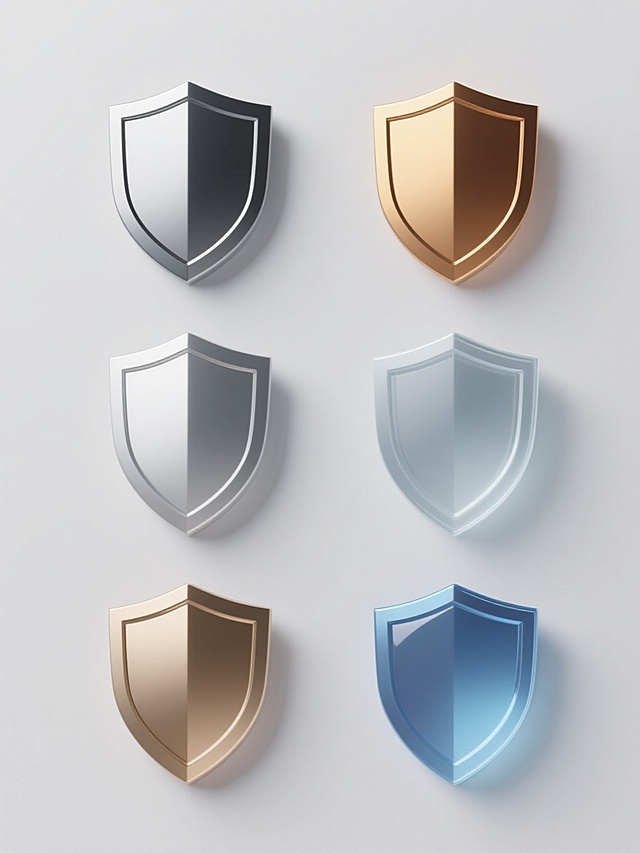 一系列6个不同配色、不同样式、不同材质的「护盾」造型，采用简约现代设计风格，规整排布于纯色背景之上，无任何文字、logo及水印。每个护盾均呈现出3D立体效果，拥有光滑的表面质感和清晰的边缘轮廓，高光与阴影过渡自然，展现出金属、塑料、玻璃等多种材质特性，整体画面简洁明快，视觉层级分明，信息传达高效。