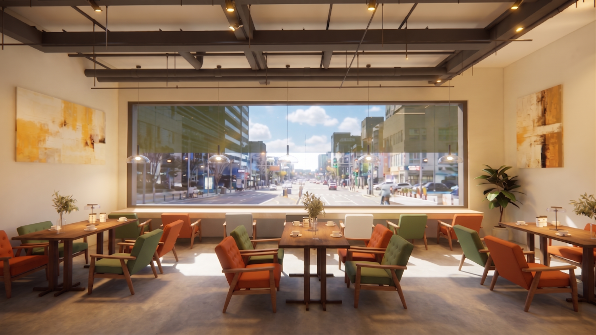 将窗外的夜晚街区背景修改为白天的街区街景，整体调整为白天明亮的效果，保持咖啡厅室内原有陈设和布局不变，风格适配自然预览效果