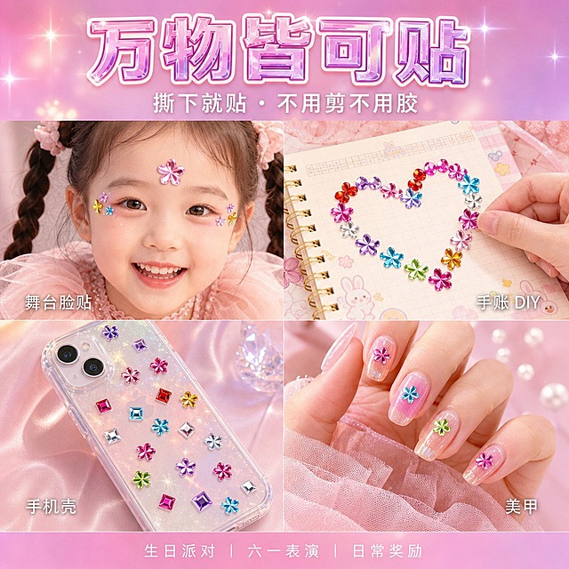 1:1 正方形电商主图，马卡龙清新风结合软萌少女风，背景为甜心粉到香芋紫柔和渐变加星芒闪光。顶部居中主标题 "万物皆可贴"，水晶通透质感大字，粉紫渐变填充带白色细描边和柔和投影；其下副标题 "撕下就贴・不用剪不用胶"，白色纤细无衬线字居中。主体为 2×2 四宫格分镜，四宫格之间的分隔线极细几乎不可见，画面占比拉满饱满，每格场景自然真实、贴在上面的钻尺寸与该场景物品比例严格真实协调：左上格为 3 至 6 岁女童脸部特写，扎公主辫穿浅粉纱裙笑容明亮，眉心一颗 0.8cm 中钻、眼角点缀数颗 0.5cm 小钻，钻的大小符合脸部真实比例，角落细体白字 "舞台脸贴"；右上格为手账本页面特写，页面上用 1cm 大钻、0.8cm 中钻拼出心形图案，钻的大小跟手账本比例真实协调，一只手撕下钻贴正在贴上，角落标注 "手账 DIY"；左下格为透明手机壳背面特写，壳上贴着 0.8cm 和 0.5cm 尺寸的钻，跟手机壳比例真实、bling 反光，角落标注 "手机壳"；右下格为美甲特写，指甲上点缀 0.5cm 小钻，大小贴合指甲宽度真实自然，角落标注 "美甲"。每格中的钻严格还原参考产品的形状、颜色、刻面火彩和 1cm/0.8cm/0.5cm 三种真实尺寸，比例真实自然不夸张。底部横条居中放一行白色细体小标签 "生日派对｜六一表演｜日常奖励"。整体明亮温暖有生活感，分格无粗边框、画面饱满占比高，干净统一软萌甜美。