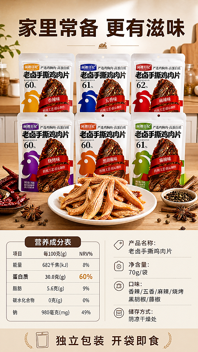 [第8张] 详情页规格信息+囤货收尾-营养参数与多包囤货展示。本张使用【图1】多袋包装作为囤货陈列参考。
[氛围/风格] 品质收尾感，温暖居家氛围，信息清晰易读，商业摄影质感。
[元素布局] 画面上半部分为囤货陈列：6袋不同口味手撕鸡肉片整齐堆叠成两排，前方放一盘手撕鸡肉+卤料点缀，占比约50%；下半部分左侧为营养成分表区域，右侧为产品规格信息；背景为浅木色厨房台面，温暖居家感。
[光影质感] 顶部暖光均匀照明，产品陈列有层次，包装正面清晰，底部柔和投影。
[配色色系] 全局底色 #F5EFE6（米杏色）；主色深棕 #6B3A2A；辅助色金黄 #D4A248。
[视角构图] 上下构图，上囤货下参数，阅读动线上部产品陈列→下部规格信息。
[文字版式] 顶部主标题「家里常备 更有滋味」（粗黑体，深棕色，大字号）；下半部分左栏营养成分表（表格形式，含能量、蛋白质、脂肪、碳水化合物、钠等项目，标注每100克含量及NRV%，蛋白质NRV%约60%）；右栏规格信息：「产品名称：老卤手撕鸡肉片」「净含量：70g/袋」「口味：香辣/五香/麻辣/烧烤」「储存方式：阴凉干燥处」；底部一行「独立包装 开袋即食」；字色深棕+金黄；表格清晰易读。
[比例分辨率] 9:16 竖版比例，4K分辨率，文字清晰可辨，高清画质。
[负向提示词] 包装变形，营养数据错误，文字模糊，水印，绝对化宣传，医疗功效。