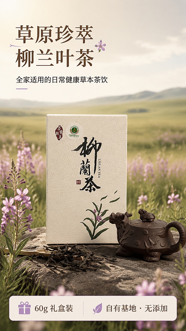 [第1屏] 详情页头图-柳兰叶茶60g礼盒装主视觉海报。本屏使用【图1】作为商品主体，礼盒正面朝向观众，保留包装上的书法字体与柳兰图案。
[氛围/风格] 草原草本自然风，温润雅致新中式，商业摄影质感，清新治愈氛围。
[元素布局] 柳兰叶茶礼盒置于画面中央偏下，占比约55%-60%；礼盒前方散落干茶叶与紫砂小壶点缀；背景为虚化的锡林郭勒草原远景与淡紫色柳兰花海，天空柔和；左上角留标题区，底部设信息条；礼盒包装结构、颜色、书法字体与输入产品图完全一致。
[光影质感] 左上方自然柔光照射，右下柔和投影，礼盒表面纹理清晰，整体明亮通透有层次。
[配色色系] 全局底色 #F5F1E8（米白杏色）；主色柳兰紫 #8B5CF6、草叶绿 #4CAF50；辅助色深棕 #5D4037、米白。
[视角构图] 正面微仰视，礼盒为视觉中心，阅读动线左上标题 → 中部礼盒 → 底部信息条。
[文字版式] 左上标题区：主标题「草原珍萃 柳兰叶茶」书法宋体，副标题「全家适用的日常健康草本茶饮」黑体；底部信息条：左侧「60g 礼盒装」，右侧「自有基地 · 无添加」；字色深棕+柳兰紫两种，全套统一；文字不遮挡礼盒主体。
[比例分辨率] 9:16 竖版比例，4K分辨率，文字清晰可辨，高清画质。
[负向提示词] 礼盒变形，包装文字错乱，颜色偏差，水印，文字过小，背景杂乱，产品模糊，缺件错件。