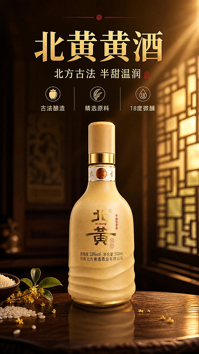 [商品] 使用【图1】北黄半甜型黄酒瓶；保留瓶身米黄陶质感、金色瓶盖、金色"北黄"大字、"半甜型黄酒"红色竖排文字、"BEIhuang"英文、酒精度18%vol、净含量500ml、河南北方黄酒酒业有限公司字样、瓶颈"农古"红标及瓶身纹理结构；不改变瓶形比例和颜色。
[画面] 目标：头图海报，突出北黄黄酒品牌与半甜型高端定位。构图：上文下图竖版，产品居中偏下，占画面约55%。产品正面微侧45度展示，放置在深色中式木质台面上。前景：散落几粒糯米、一小枝桂花装饰。中景：产品主体，瓶底有柔和倒影。后景：虚化的中式窗棂光影，暖金色光晕从右上方洒下，营造雅致中式氛围。阅读动线从上至下。
[视觉] 套系策略：风格=中式雅致高端酒水商业摄影；标题字=宋体衬线粗体（传统厚重）；正文字=简洁黑体；主色=暖金+深棕；背景延展=基于深棕木色做深浅层级、暖金光晕和细腻木纹/宣纸质感；强调色=朱砂红，仅用于小面积标签、引线和装饰元素；标题色=暖金色；正文色=米白色；组件=细线引线、圆角半透明深色信息卡、传统纹样装饰；光影=右前侧暖金柔光，瓶身高光自然，底部柔和倒影。
[文字] 顶部居中主标题"北黄黄酒"，副标题"北方古法 半甜温润"，下方3个短卖点图标+文字："古法酿造""精选原料""18度微醺"；文字区在画面上半部分，不遮挡瓶身主体和Logo。
[规格] 图片比例9:16竖版，4K，避免变形、错字、文字过小、冷蓝背景、瓶身文字错乱、材质失真。