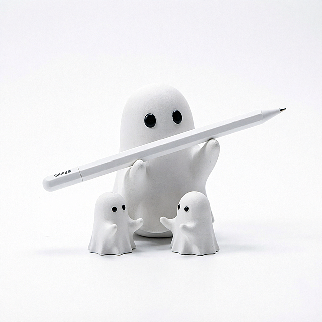 [Main Image 1] Full family product presentation on pure white background
[Atmosphere Style] Clean minimal commercial product photography
[Image Quality] Commercial photography texture, soft and even studio light, clear product details, high definition, clean and high-end picture
[Elements] A large ghost parent holding Apple Pencil with two small ghost kids in front, full family set centered on pure white #FFFFFF background. Products occupy 85% of the frame. All ghosts have cute rounded shape, two small black round eyes, smooth matte white 3D printed texture, open arms design. Keep the product appearance (physical structure, material texture, color) absolutely consistent with the input product picture, eliminate any deformation and color difference, fine processing. Full screen without border.
[Light and Shadow] Soft uniform studio lighting, soft small shadow at the bottom, highlight the matte texture of 3D printed products, clear product outline, no overexposure, no dark dead corners
[Color Matching] Main color pure white background, products matte white, contrast black round eyes
[Perspective Composition] Front flat view, family set centered, large depth of field, all products complete and not cut
[Text Layout] No extra text or logo allowed per cross-border platform rules
[Proportion Resolution] 1:1 proportion, 2048x2048 2K resolution, super high definition
[Negative Prompt] Deformation, text garble, blurred product image, cluttered background, watermark, e-commerce platform Logo, any Chinese characters