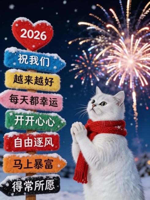 图中宠物围红色针织围巾，直立起身，双爪交握似祈福，表情虔诚
左边有彩色毛绒指示牌（顶部红心形写“2026”，往下依次写有文案“祝我们”“越来越好”“每天都幸运”“开开心心”“自由逐风”“马上暴富”“得预览效果