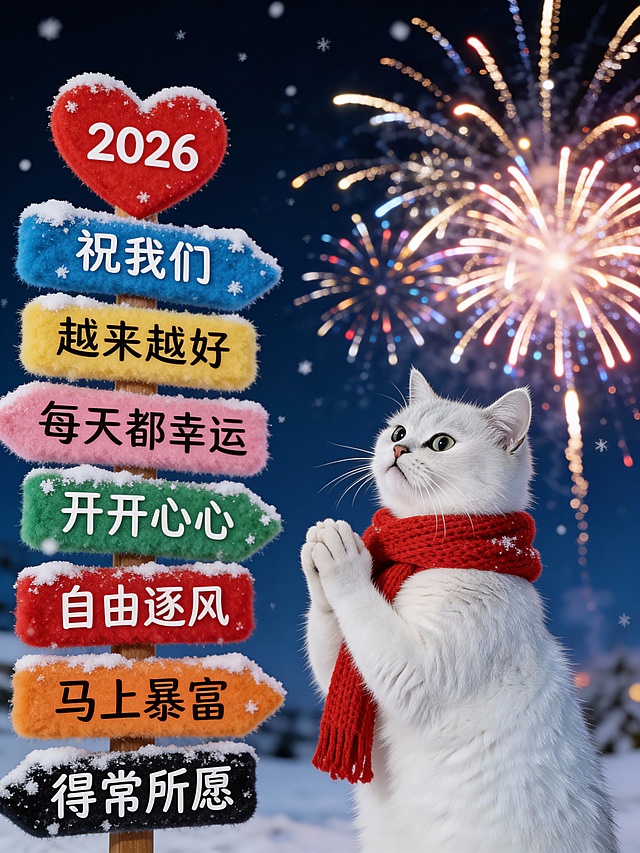 图中宠物围红色针织围巾，直立起身，双爪交握似祈福，表情虔诚
左边有彩色毛绒指示牌（顶部红心形写“2026”，往下依次写有文案“祝我们”“越来越好”“每天都幸运”“开开心心”“自由逐风”“马上暴富”“得常所愿”牌面落雪）；背景是夜空有绚丽的烟花；整体氛围热闹，充满新年的美好祝愿与烟花浪漫氛围，整体构图比例合理