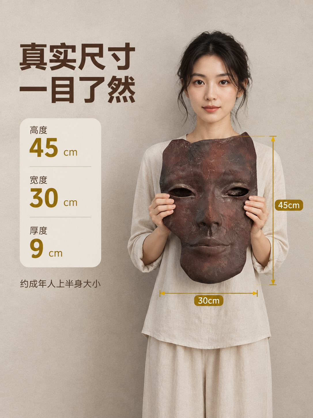 [商品] 使用【图2】人物手持面具的尺寸参考图；保留面具的深棕… - 图片创意预览