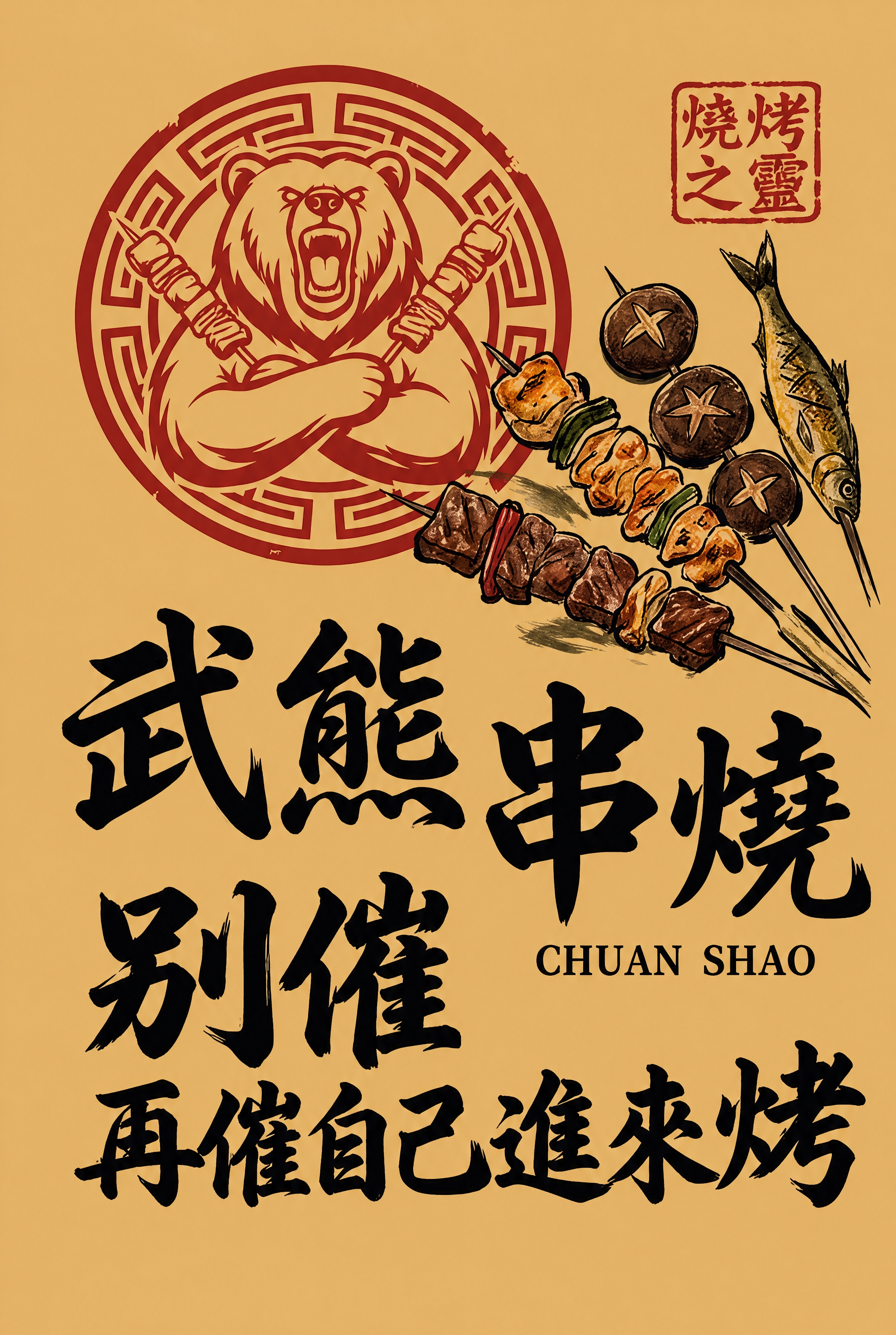 提取图中的门帘图案，国潮烧烤店武熊串烧风格。去除中间的竖缝和拼… - 图片创意预览