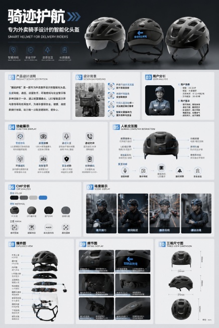 生成一张A3竖向智能化头盔产品设计展板，产品名称为"骑迹护航"，是专为外卖骑手设计的智能化头盔。参考版式参考图1（https://gdesign-dam-hz.dancf.com/3696939219预览效果