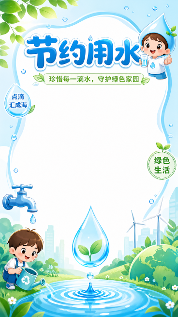 卡通风格节约用水公益海报，包含可爱卡通人物和清澈水滴水纹元素，画面中间预留大面积空白用于文字排版。主标题"节约用水"，副标题"珍惜每一滴水，守护绿色家园"，装饰短句"点滴汇成海""绿色生活"，整体清新预览效果