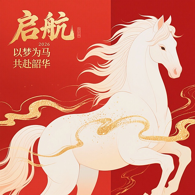 帮我生成图片：创作一张“启航 2026 以梦为马 共赴韶华”主题海报，风格为国风插画，融合水墨晕染与金色装饰元素。构图采用三分法：主体（一匹昂扬的白马）居画面右侧1/3区域，鬃毛与尾部以流动的水墨线条呈现，点缀金色亮片；左侧上方排版金色书法字体文字“启航 2026 以梦为马 共赴韶华”。背景为喜庆红色色调，与白马的浅米色→暖白色渐变形成对比，突出主体。镜头用平视角度+正面偏侧视角，展现马的头部与颈部线条，传递自信奋进的气势。细节处强化水墨的灵动、金色的璀璨，整体氛围华丽大气，兼具新年喜庆感与追梦的热血感，比例 16:9