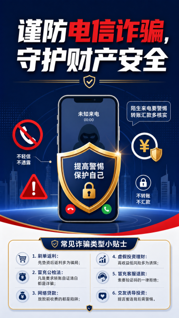 修改反诈骗宣传海报，丰富下方内容，添加常见诈骗类型小贴士文字，保持背景干净不杂乱，整体饱满协调，原风格不变，顶部保留文字"谨防电信诈骗，守护财产安全"预览效果