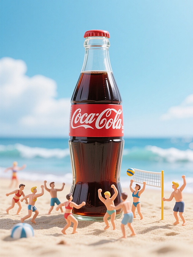 3D微缩，蓝天、白云、海浪、沙滩元素构成，一瓶巨大的可乐被放在沙滩上，一群穿着泳装的小人，围着可乐跳舞、打排球。明亮欢快配色