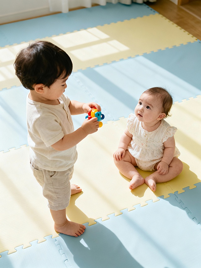 真实摄影图，婴儿爬行垫子上，左侧一个男宝宝2岁站在旁边，手里拿着玩具，右侧一个女宝宝8个月坐在点子上看向自己的哥哥。整张图片稍微俯视拍摄角度。人物为主主体，占据整张图片的三分之二，照片风格奶油风格，小清新。明亮