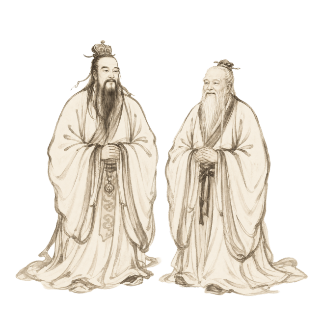 生成一张和参考图风格一致的古代人物肖像图，绘制太乙真人和彭祖两位古代人物，米白色浅米色背景，浅褐色水墨古画风格，左侧红色竖幅印章标注"太乙真人"，右侧红色竖幅印章标注"彭祖"，两个人都身着宽袖古代长袍预览效果