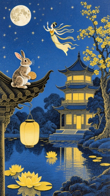 一只兔子抱饼坐古楼檐角，另一只跃莲花灯上；嫦娥飞向月亮，深蓝夜空悬满月、缀星光，月下三层中式楼阁透暖光，右有黄花树，左及水面飘黄莲，水面映倒影。暖黄与深蓝交织。预览效果