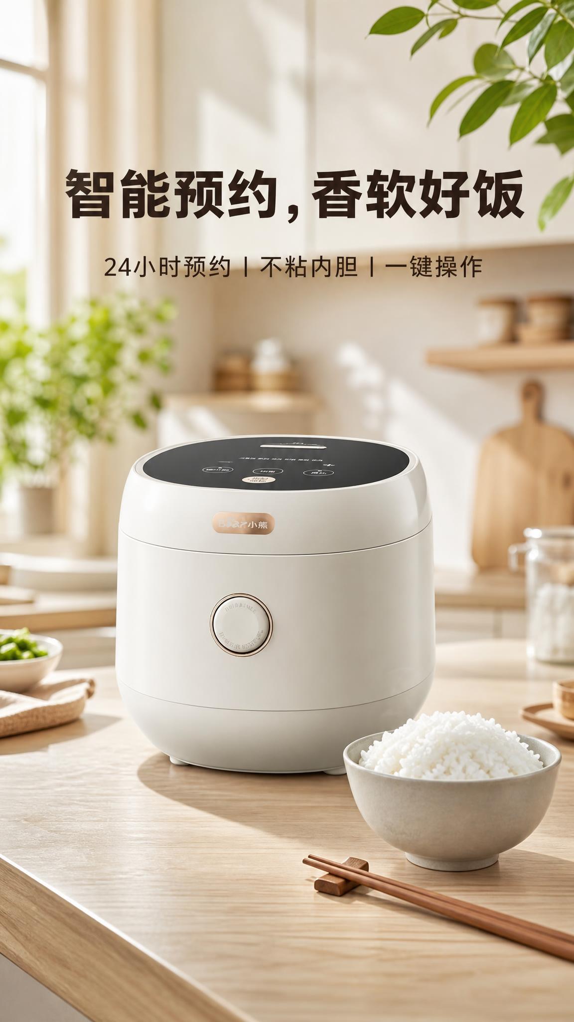 电商海报，现代简约风格，温馨家庭氛围。画面主体为白色小熊电饭煲… - 图片创意预览