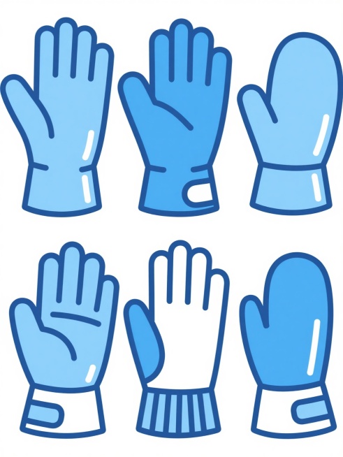 六个不同款式、不同类型、不同样式的手套，采用简洁的平面插画风格，以蓝色为主色调，线条流畅清晰，边缘有深蓝色描边，手套表面有简单的白色高光表现质感，所有手套整齐排列在纯白色背景上，整体设计简约、干净，视觉层级清晰，信息传达直接，符合现代简约的设计感。预览效果