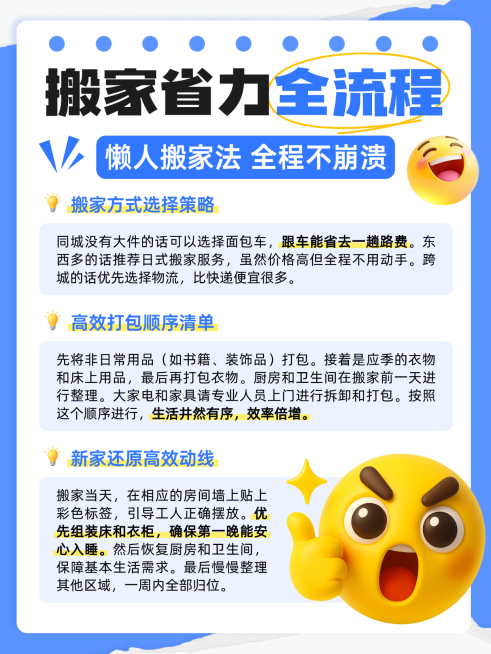 蓝色卡通扁平风搬家省力全流程知识分享小红书配图预览效果