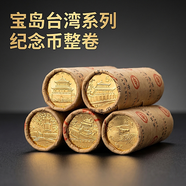 [主图 1] 宝岛台湾系列纪念币整卷产品首图。
[氛围风格] 高端收藏商务风格，突出贵金属质感与收藏价值；
[画质] 商业摄影质感、光线柔和通透、产品清晰真实、画面干净高级。
[元素] 四卷原封纪念币纸卷居中整齐摆放，露出端面金光闪闪的金币图案，金币清晰展示文化遗产雕刻细节。保持纪念币纸卷外观（物理结构、材质质感、颜色）与输入产品图绝对一致，杜绝任何变形和色差，精细化处理。商品主体占比严格控制在60%-80%之间，画面满铺无边框。背景采用深灰色渐变哑光质感，简洁高级，突出产品本身。
[光影] 正面偏左主光，右侧辅助补光，制造金属金币的高光反射和纸卷的柔和纹理阴影，明暗层次分明，突出立体感，高光不溢出，暗部保留清晰细节。
[配色] 主色调深邃灰，辅助色为金币本身的黄金金色，对比清晰高级。
[视角构图] 水平平视，居中构图，景深较浅，背景虚化突出产品主体，纪念币整卷轮廓完整不裁切。
[文字版式] 左上负空间左对齐留安全边距，主标题 "宝岛台湾系列 纪念币整卷" 金色最大号粗体无衬线字体，文字与背景对比度高，清晰易读。
[比例分辨率] 1:1 比例，2k 分辨率；文字清晰锐利，画面超高清。
[负向提示词] 变形，水印，文字错乱，产品图模糊，背景杂乱，色差，遮挡主体。