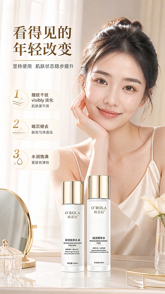 [商品] 使用【图1】欧若拉赋活精华水与赋活胶原乳液套装；保留两瓶的瓶身结构、比例、金色瓶盖、白色瓶身、O'ROLA欧若拉Logo、瓶身所有中英文文字和净含量标识；产品位于画面底部，占比约25%，与人物自然融合。
[画面] 目标：真人效果展示页，呈现使用后肌肤紧致透亮状态。构图：上半部分为亚洲年轻女性半身特写，肌肤细腻有光泽，面带自然微笑，手轻轻托住脸颊，呈现使用水乳后的紧致透亮状态；下半部分产品套装自然摆放在梳妆台场景中；背景为柔和的卧室晨光氛围，浅白金调，带纱帘柔光；人物与产品自然融合，不做硬分割。
[视觉] 套系策略：风格=高端轻奢美妆商业摄影风；标题字=优雅衬线粗体+现代无衬线组合；正文字=简洁无衬线体；主色=珍珠白+香槟金；背景延展=基于珍珠白做深浅渐变、柔光过渡和细腻水光质感；强调色=香槟金，仅用于小面积图标、引线、标签和光效；标题色=深棕金；正文色=暖灰棕；组件=圆角浅金信息卡、细线金色引线、圆形渐变icon；光影=前侧上方暖柔光，人物肌肤自然通透有光泽。
[文字] 左侧竖排三个编号利益点：1. 细纹干纹 visibly 淡化，肌肤更平滑；2. 暗沉褪去，肤色匀净透亮；3. 水润饱满，紧致有弹性；顶部主标题"看得见的年轻改变"，副标题"坚持使用 肌肤状态稳步提升"；文字全部横排，不遮挡人物面部和产品主体。
[规格] 图片比例9:16竖版，4K，避免变形、错字、文字过小、冷蓝背景、夸张前后对比、医疗功效宣称、绝对化用语。