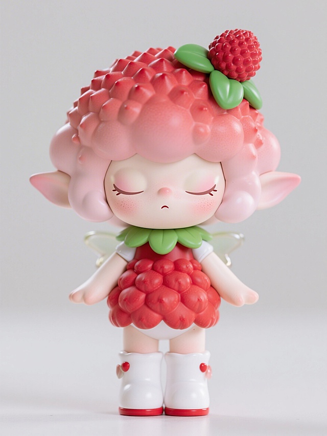 可爱风格化乙烯基玩偶全身照，大头小身的荔枝精灵，蓬松云朵般红色羊毛卷发，头顶装饰带绿叶的圆润红荔枝发饰，双眼紧闭，表情宁静天真，苍白皮肤配粉红脸颊，超大淡粉色精灵耳朵，身着短款多层红色花蕾状连衣裙，搭配绿叶衣领，脚穿红点缀的厚重白色靴子，光滑哑光瓷器质感，柔软圆润纹理，主色调奶油白、柔和粉色，柔和明亮空灵光线，干净极简纯淡灰米白色背景，正面视角