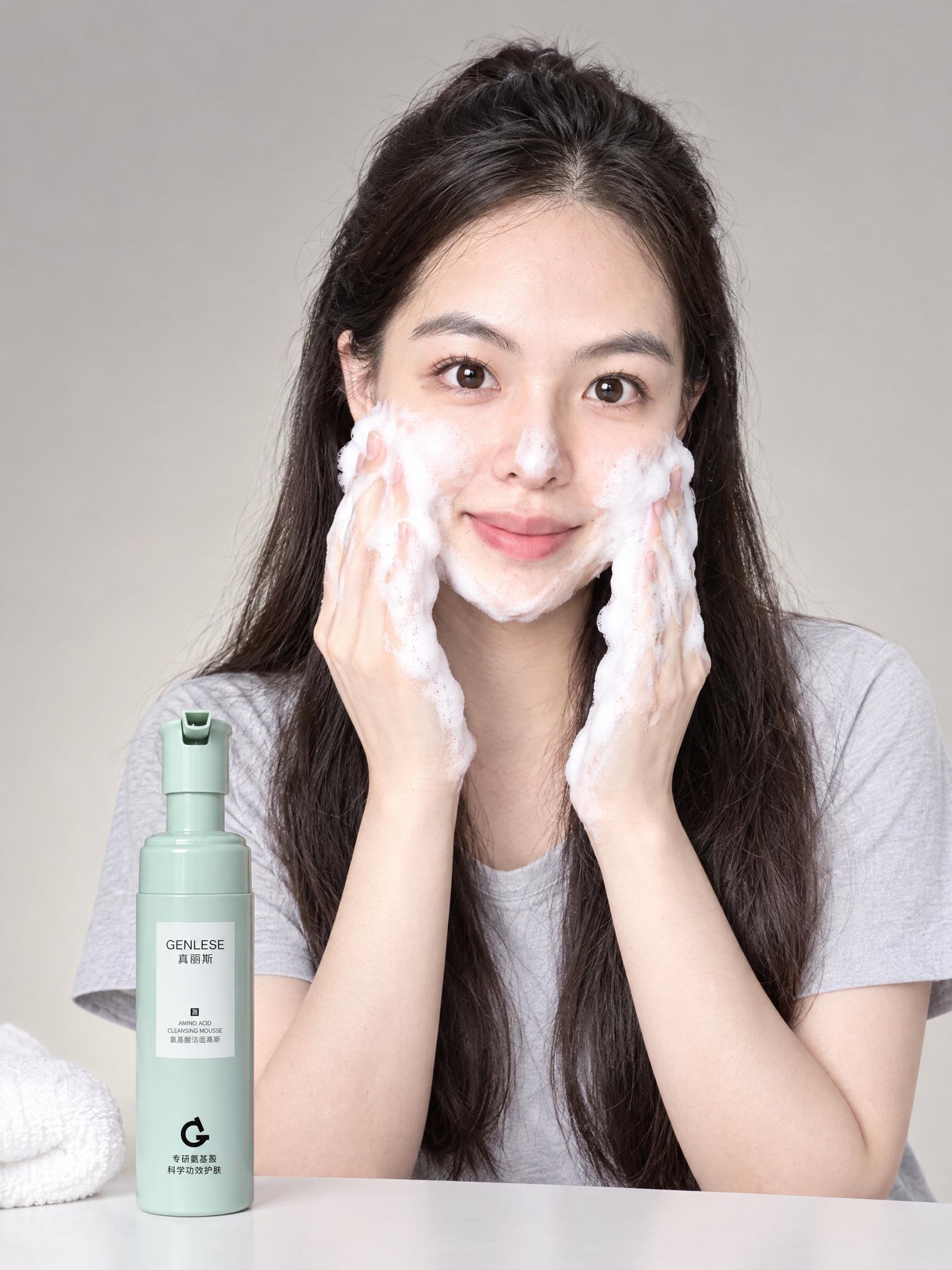 专业美妆产品棚拍，年轻东亚女性模特，面容与参考图3中女孩完全一… - 图片创意预览