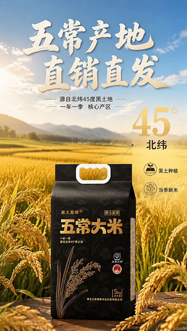 [主图-2] 产地溯源 五常产地直销 建立产地信任与品质背书。
[统一基调] 整体风格为高端粮油品质感 暖金与深棕主色调 背景融入稻田与自然产地氛围 主标题用粗厚国风书法字 米白与浅金字色 辅助文案用细黑体 字号明显小于主标题 强调字用圆章印章式 画面干净有品质。
[画面] 产品包装袋位于画面中下部 占画面约40% 正面展示 保持原包装黑色金色外观不变 背景上半部分为真实五常稻田风光 金秋时节金黄色稻穗沉甸甸 远处有黑土地与远山 蓝天白云 阳光洒在稻田上 画面中上部用大数字突出核心产区信息 用引线连接稻田与产品 体现产地直达的逻辑 稻穗元素从背景延伸到产品周围 自然过渡。
[光影质感] 自然户外阳光感 主光从侧上方照射 稻田有明暗层次 产品包装光影与场景一致 底部有柔和阴影 整体通透温暖。
[配色] 背景主色金黄稻田与蓝天 产品黑色包装形成对比 主标题字色米白加金色 辅助文案深棕色 数字用大号金色。
[文字版式] 画面上部主标题大字 五常产地 直销直发 下方辅助文案 源自北纬45度黑土地 一年一季 核心产区 中间偏右位置放大数字 45 下方小字 北纬 再下方小图标加文字 黑土种植 当季新米 文字均不遮挡产品主体。
[输出要求] 竖版726x1290像素 稻田真实自然 产品清晰完整 文字清晰可读 无变形错字 无水印无平台Logo 禁止虚假产地信息 禁止杂乱。