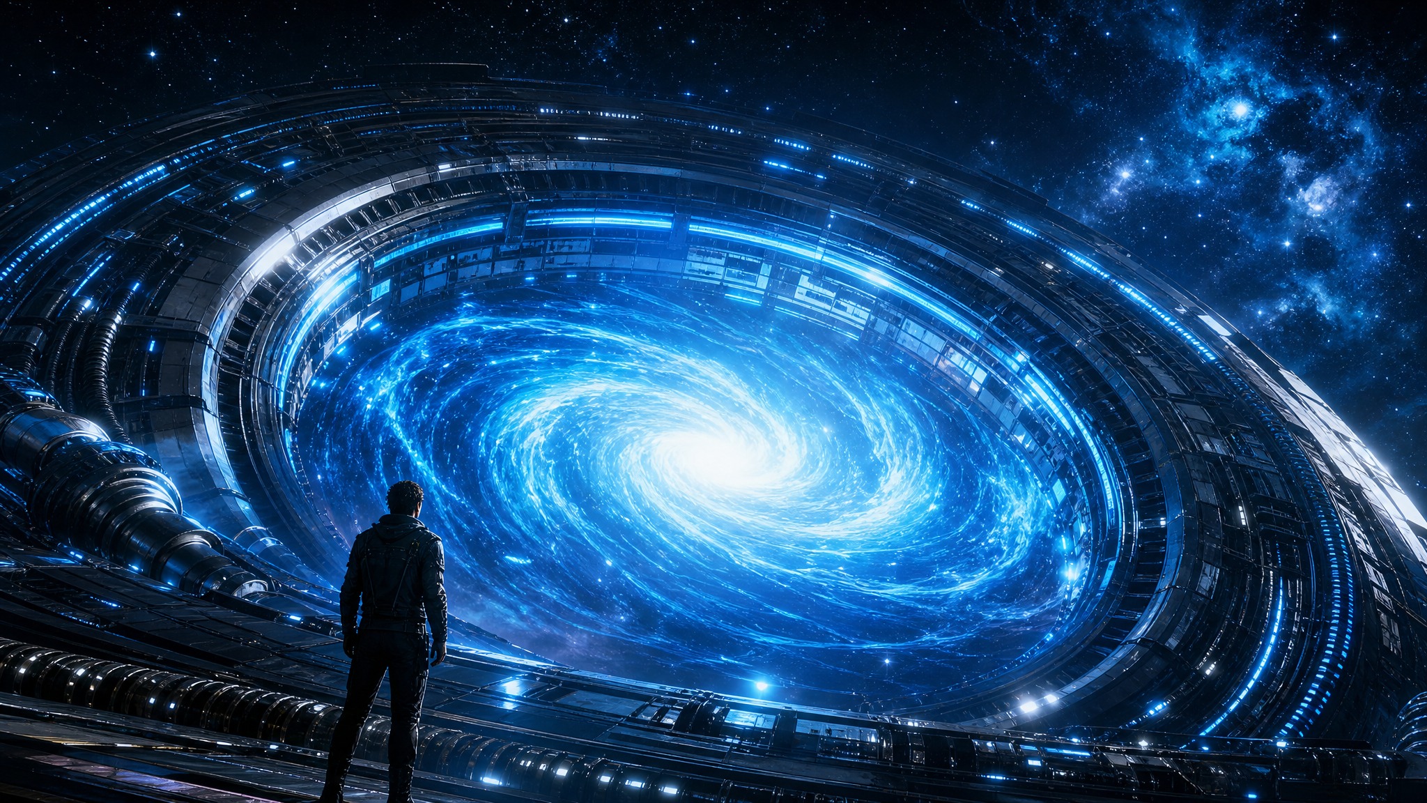 科幻风格海报，画面主体为一个人物的背影，人物站在巨大的核聚变人… - 图片创意预览