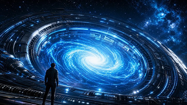 科幻风格海报，画面主体为一个人物的背影，人物站在巨大的核聚变人造太阳装置前，仰望装置中心的蓝色能量漩涡。装置为环形金属结构，带有蓝色发光科技线条，中心是旋转的蓝色等离子能量团，散发耀眼的蓝白色光芒。背景是深邃的宇宙星空，点缀着闪烁的星辰和远处的星云。整体色调以深蓝、冰蓝、银白为主，充满未来科技感和宇宙神秘感。人物剪影位于画面下方偏左位置，身形渺小，与巨大的核聚变装置形成强烈对比，突出人类探索终极能源的宏大主题。画面中不加入任何文字内容，没有二维码，没有标题文字，只有纯视觉画面。电影级光影效果，高对比度，体积光，粒子特效，超高清细节，3D渲染质感，史诗级科幻氛围。