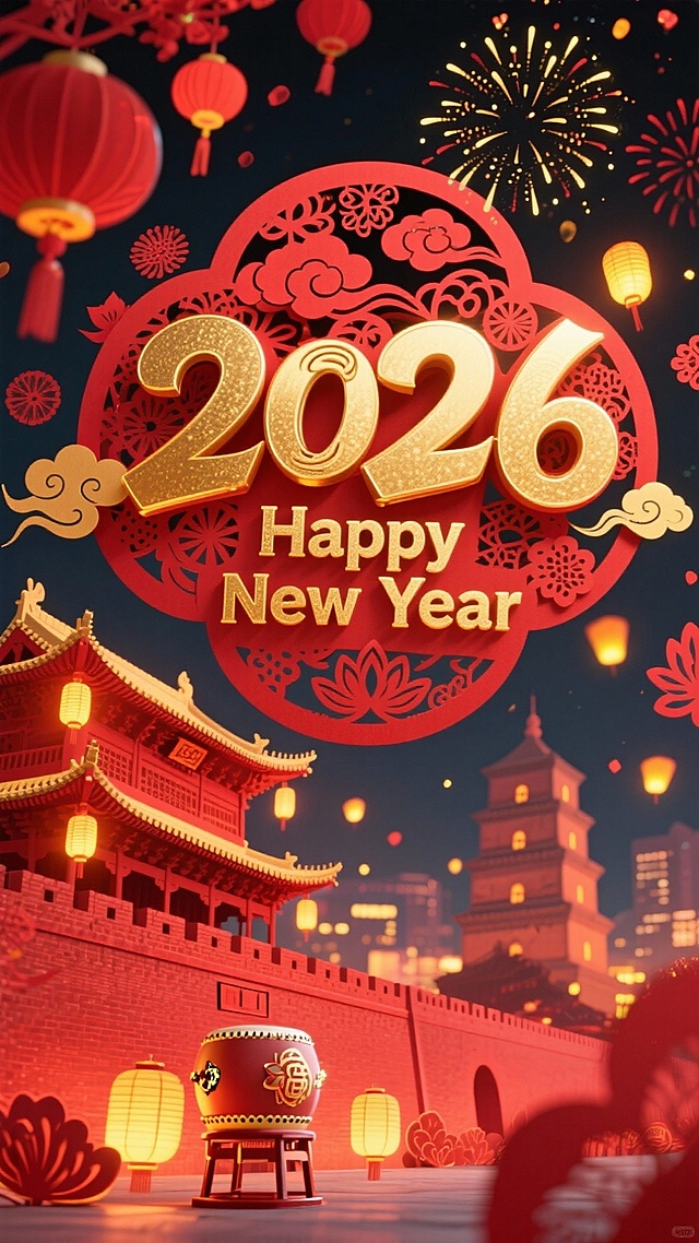 3D国潮风新年海报，融合剪纸与鎏金元素，红金配色营造喜庆中式氛围，传统建筑与烟花点缀节日盛景。