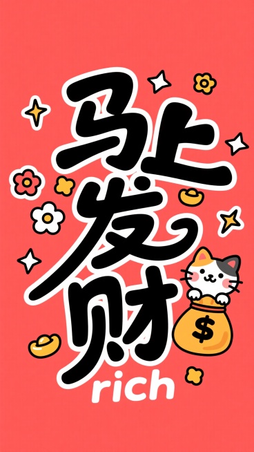 深红色背景，黑色卡通风格文字组合，画面中心是“马上发财”变形艺术字，笔画流畅富有动感，文字周围散落星星、花朵、金钱袋和卡通猫形象，画面底部标注“rich”，构图饱满，颜色对比强烈，风格简洁明快，富含视预览效果