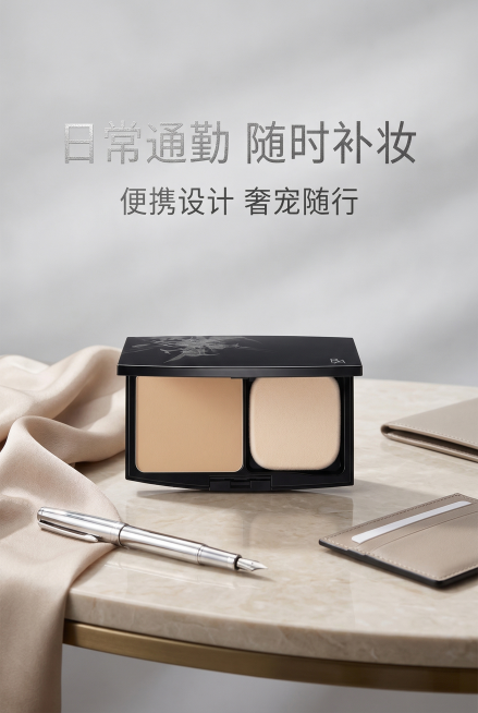 场景化杂志风，严格还原POLA宝丽BA粉饼产品图，产品置于精致通勤场景的高级化妆台，周围搭配浅米色丝巾、银色钢笔等轻奢道具，主标题「日常通勤 随时补妆」，副标题「便携设计 奢宠随行」，背景为浅灰渐变，预览效果