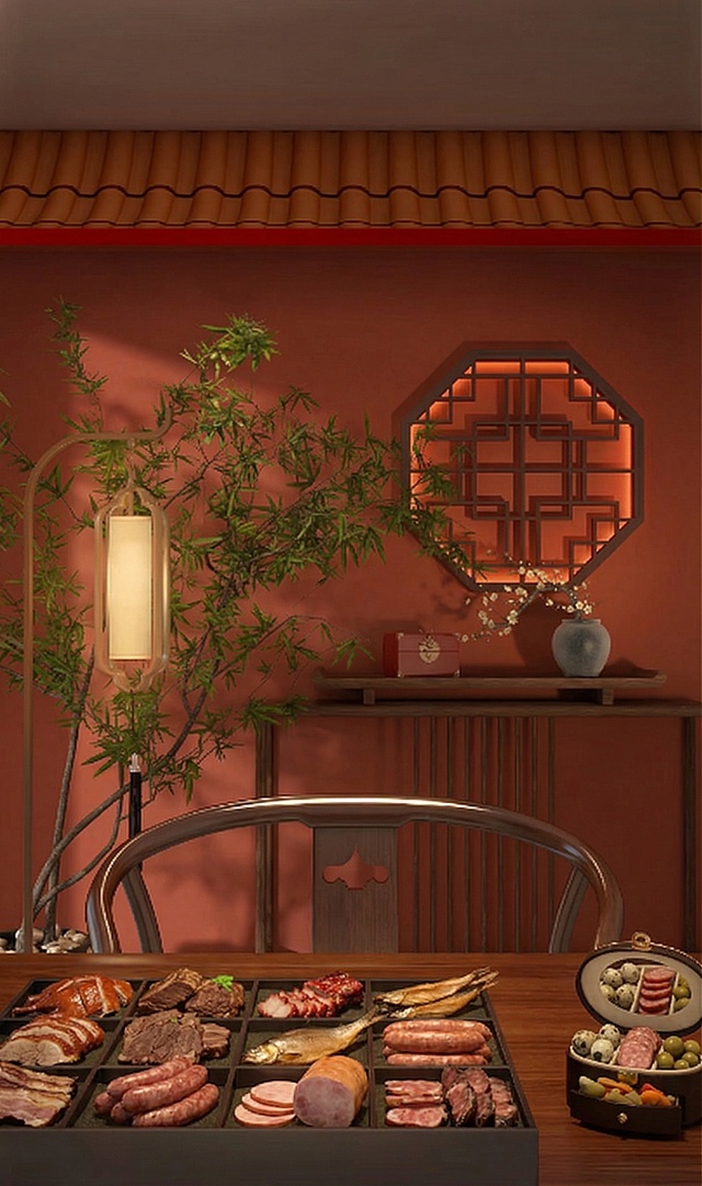 将桌上首饰盒里的首饰替换为各类熟食，保持场景其他部分不变