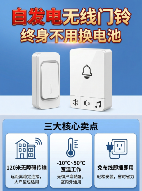 天猫长主图，750*1000尺寸，上半部分展示门铃套装（发射器+接收器），加醒目大标题"自发电无线门铃 终身不用换电池"，下半部分分三栏标注三大核心卖点：120米无障碍传输、-10℃~50℃宽温工作、预览效果