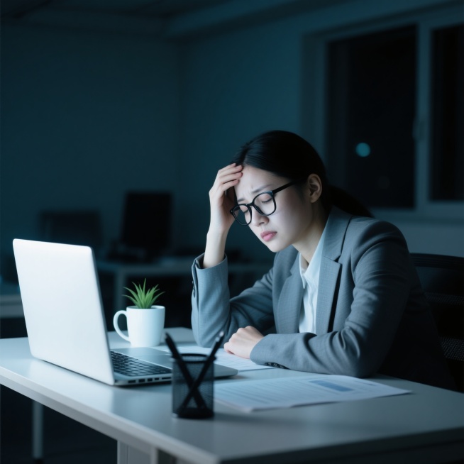 一位身着灰色西装的职场女性深夜在办公桌前熬夜工作，她疲惫地用右手按压着戴着黑框眼镜的额头，左手撑在桌面上，眼神因困倦而微闭，神情透露出深深的疲惫感。桌上亮着的笔记本电脑屏幕发出冷白色的光，照亮了她面前的文件和一个白色马克杯，旁边还有一盆小型绿植和黑色笔筒。背景是昏暗的办公室环境，整体光线以电脑屏幕的冷光为主，营造出深夜加班的压抑与疲惫氛围，色调偏冷，光影对比明显，具有写实的摄影质感和细腻的人物……预览效果