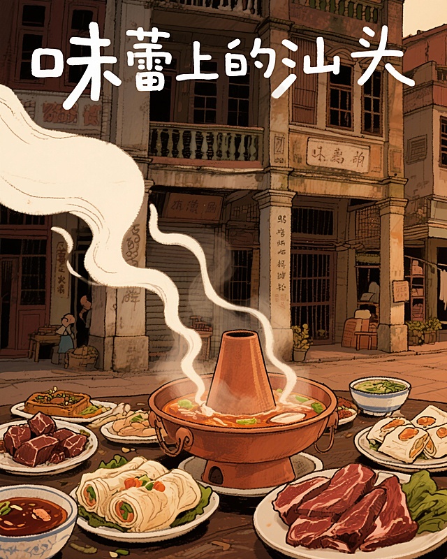 帮我设计四张跟汕头有关的宣传图片，每一张图片配上设计思路文字